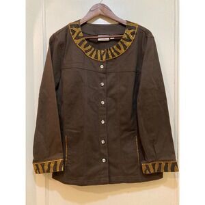 Quacker Factory Jacket Top Womens XL Brown Denim Rhinestone Buttons Embellished